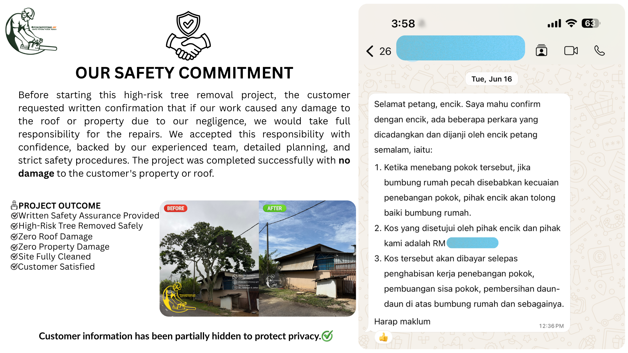Customer safety commitment, written assurance, and before-and-after tree cutting project by Servis Potong Pokok Murah in Kuala Lumpur.