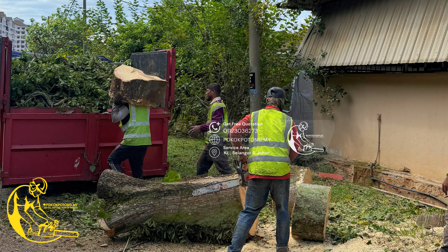 Workers loading large tree logs onto a lorry for disposal after tree removal in Kuala Lumpur, Malaysia.
